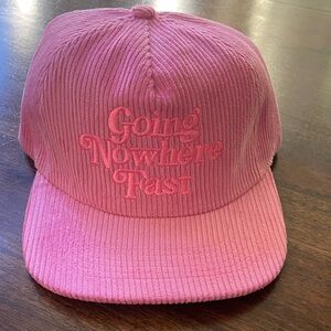 NWT Ascot + Hart Pink Corduroy Cap with Embroidered Text “Going Nowhere Fast”